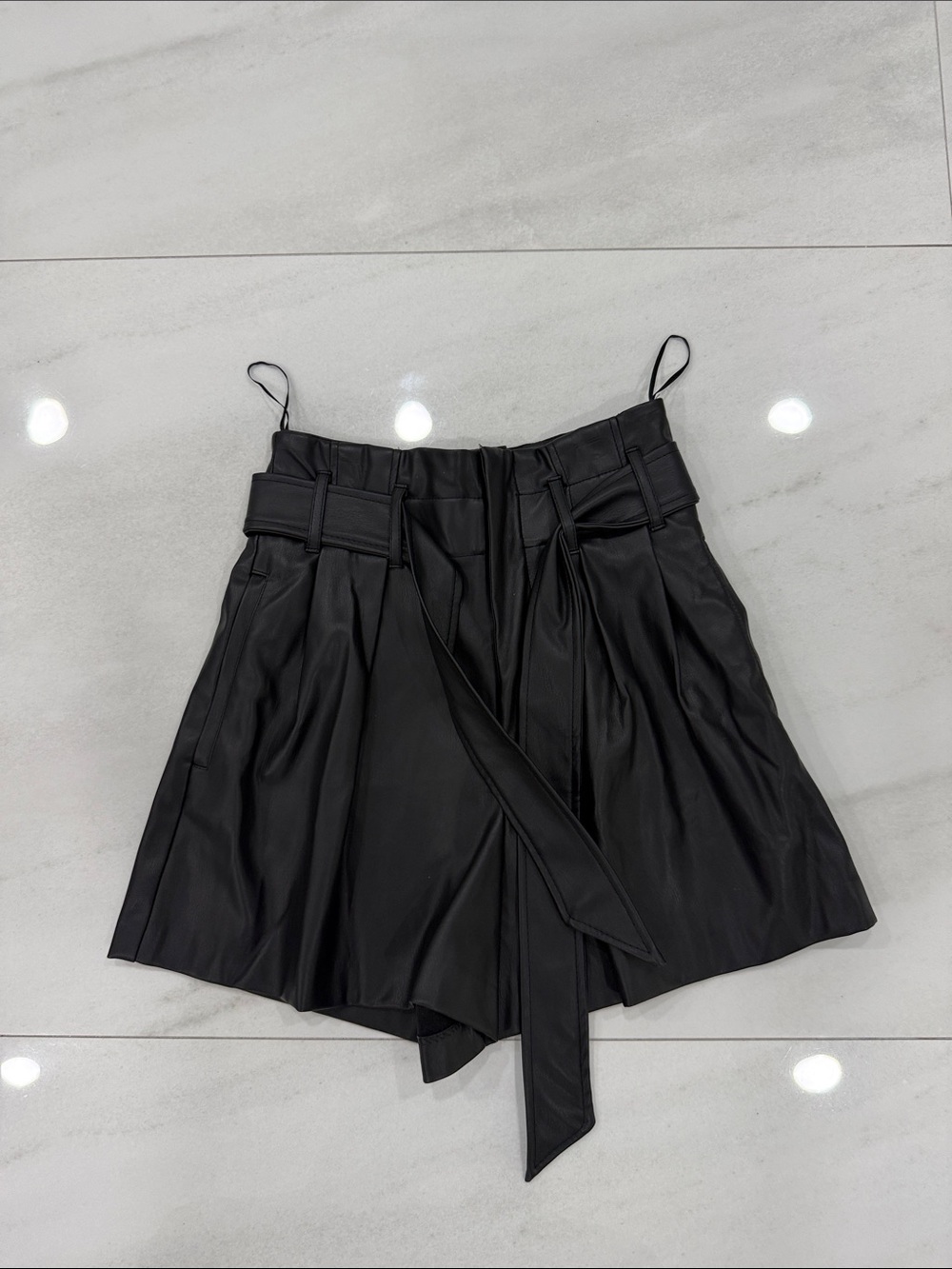 Zara Black Faux Leather High-Waist Pleated Shorts with Tie